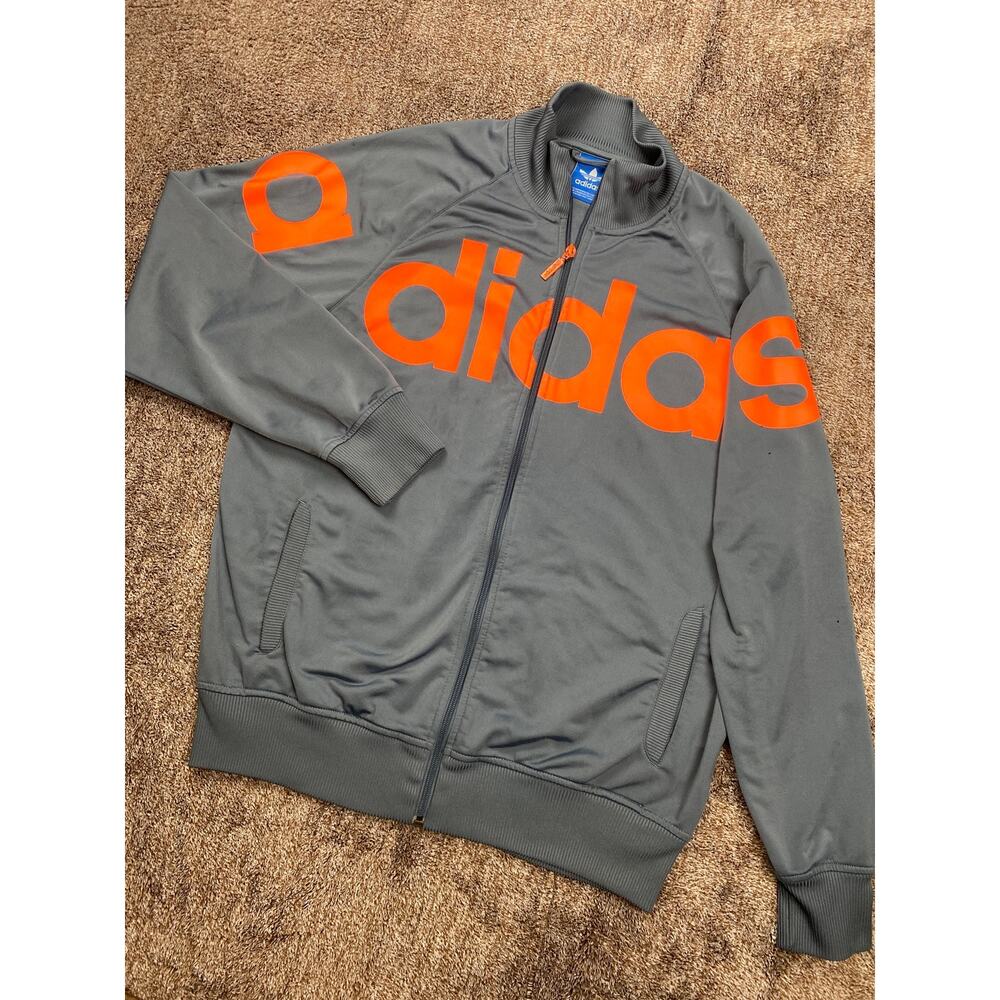 Adidas Mens Large Gray Orange Spellout Full Zip Track Jacket Flawed Distressed